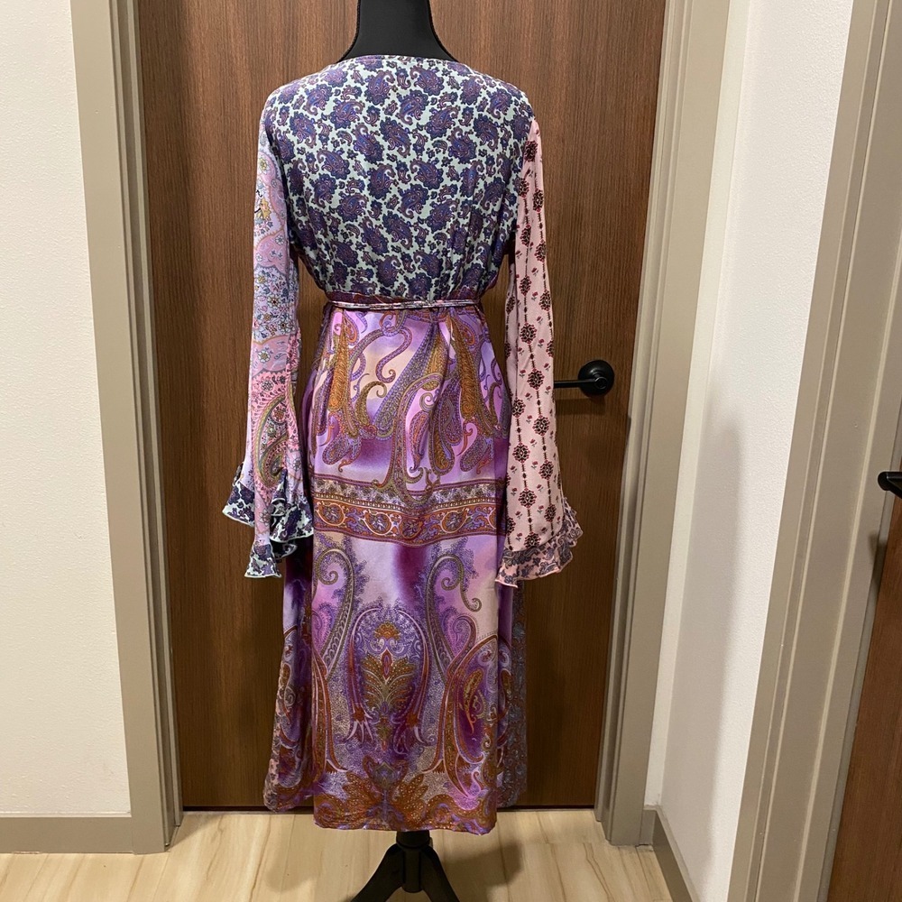 PLENTY by Tracy Reese Vtg Silk Wrap Midi Dress 12 Purple Satin Paisley Floral - Picture 7 of 17